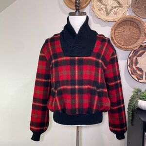 Rare Vtg Minnesota woolen shawl collar wool knit sweater red/black plaid Mens 44